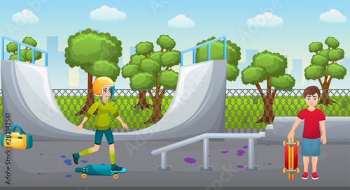 Illustration of a skate park with roller. Teenager playing in a skatepark. Skate ramp and roller on a skate arena. Skatepark in a city. Modern hobby activity. Vector illustration