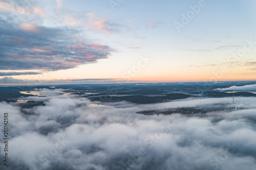 Aerial view of a coast of Ladoga Lake over the fog