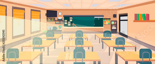 Vector classroom interior at the school, university, institute, college. Educational concept, blackboard, desks, office supplies. Training room illustration. Lesson for teaching and learning.