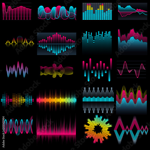 Set of music equalizer waves design template signal visualization illustration. Colorful light audio signal.