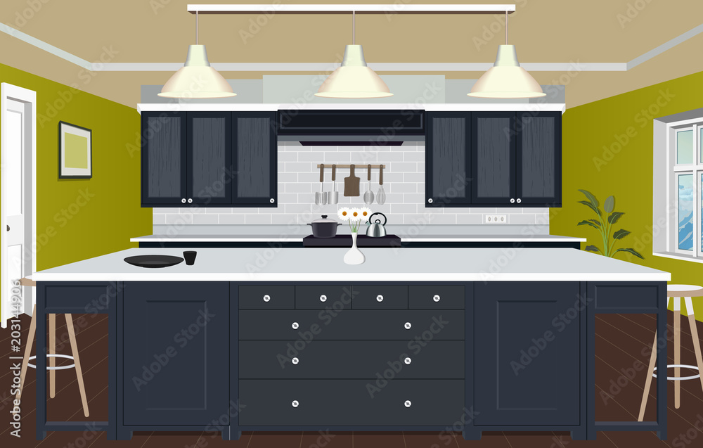 Kitchen interior background with furniture. Design of modern kitchen. Symbol furniture. Kitchen illustration Kitchen interior background with furniture. Design of modern kitchen. Symbol furniture. Kitchen illustration