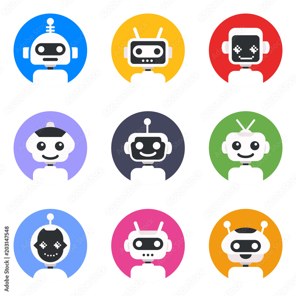 Chatbot symbol, logo template. Robot icon set. Bot sign design. Modern vector flat style cartoon character illustration.