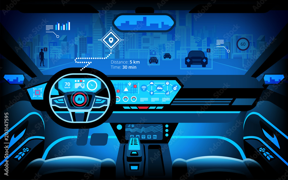 Obraz premium Automobile cockpit, various information monitors and head up displays. autonomous car, driverless car, driver assistance system
