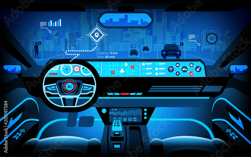 Automobile cockpit, various information monitors and head up displays. autonomous car, driverless car, driver assistance system