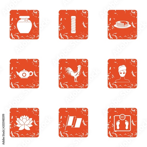 Tea period icons set. Grunge set of 9 tea period vector icons for web isolated on white background