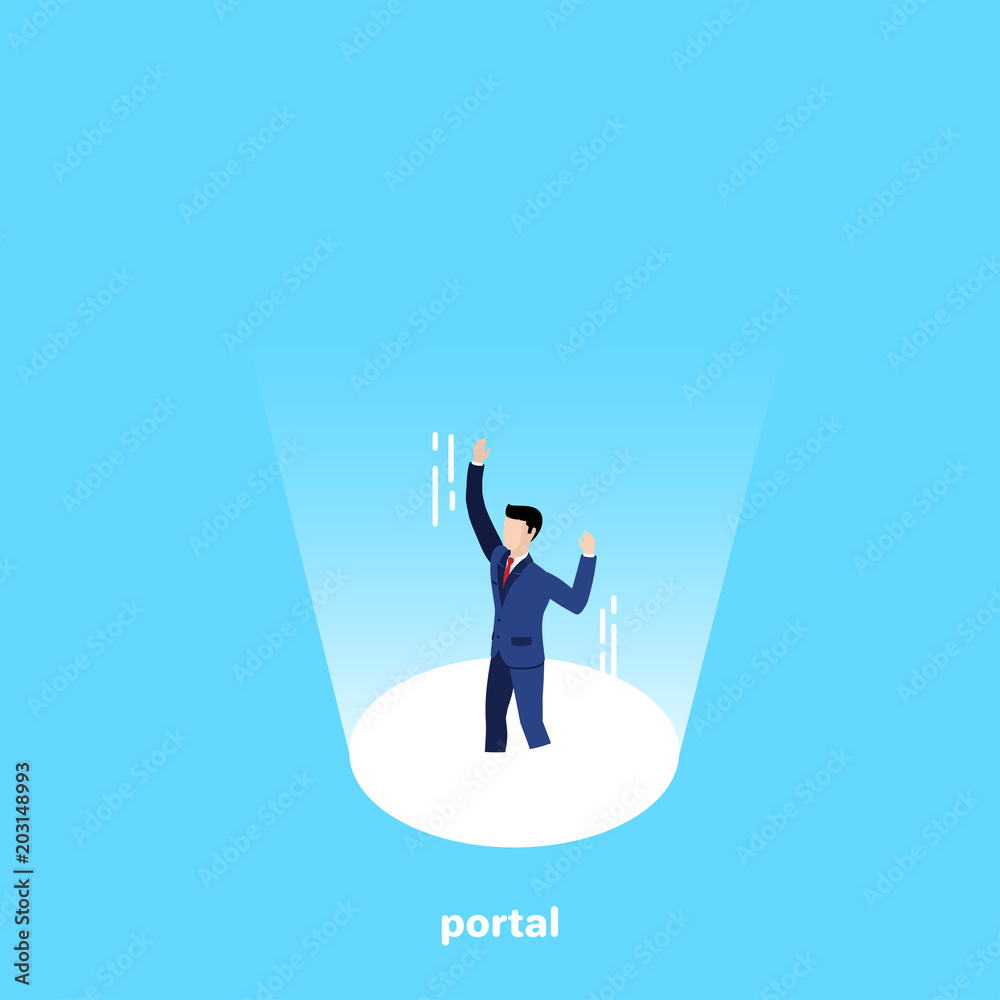 Obraz premium a man in a business suit falls into a portal emitting light, an isometric image