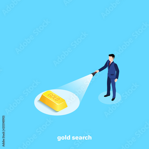 a man in a business suit with a flashlight is shining on an ingot of gold, isometric image