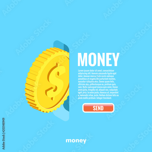 The gold coin falls into a slot and text with a web button, an isometric image