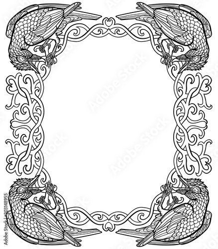 Vector illustration of ravens gothic Celtic knot  frame black and white