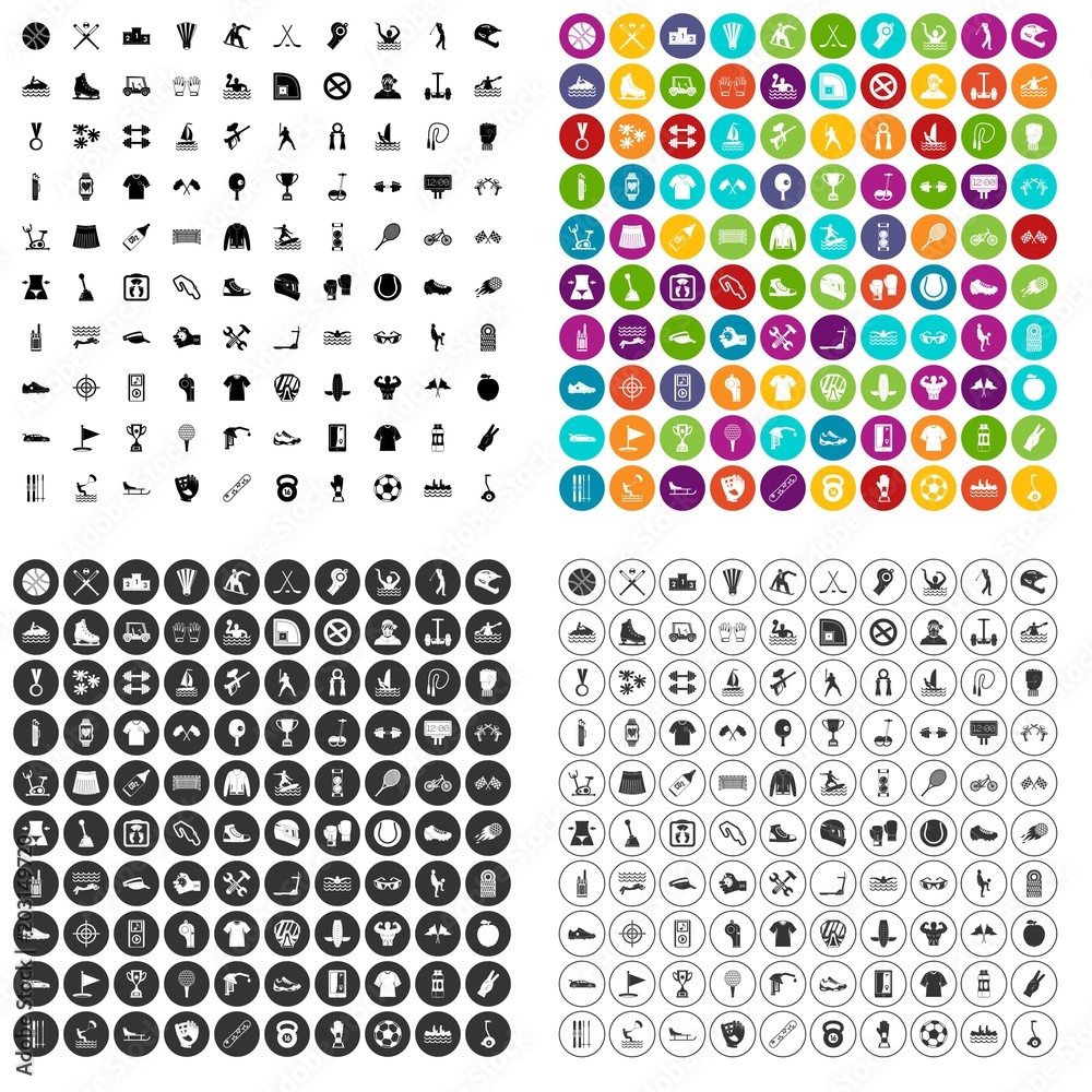 100 sports activities icons set vector in 4 variant for any web design isolated on white