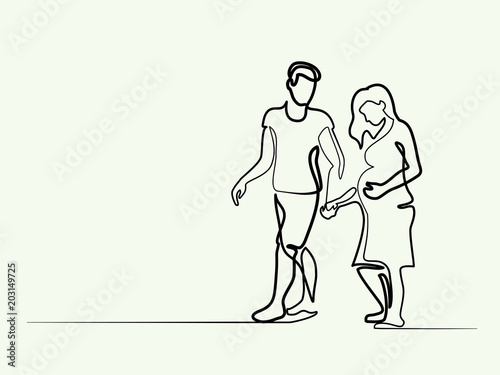 Continuous line drawing. Happy pregnant woman walking with her husband, silhouette picture. Vector illustration
