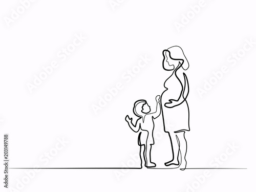 Continuous line drawing. Happy pregnant woman with her small son, silhouette picture. Vector illustration