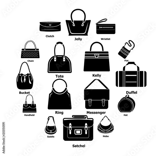 Woman bag types icons set. Simple illustration of 16 woman bag types vector icons for web