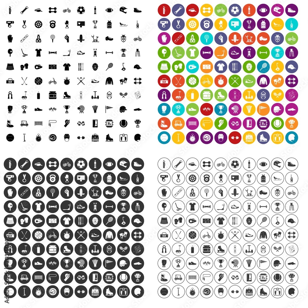 100 sports exhibition icons set vector in 4 variant for any web design isolated on white