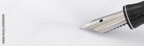 Message. Close up of Fountain pen on white paper texture background. Black with steel tip. 3d render, copy space. Panorama format.