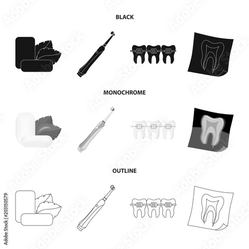 Mint chewing gum with mint leaves, toothbrush with bristles, bregettes with teeth, X-ray of the tooth. Dental care set collection icons in black,monochrome,outline style vector symbol stock