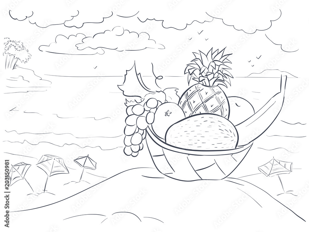 Naklejka premium Vector exotic fruits and sea