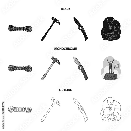 Climber on conquered top, coil of rope, knife, hammer.Mountaineering set collection icons in black,monochrome,outline style vector symbol stock illustration web.