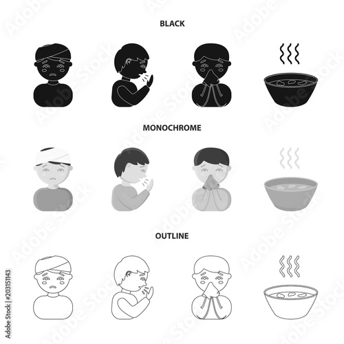 A man with a bandaged head, a man coughing, a man snorts a snot, a bowl, a bowl of hot broth into a handkerchief. Sick set collection icons in black,monochrome,outline style vector symbol stock