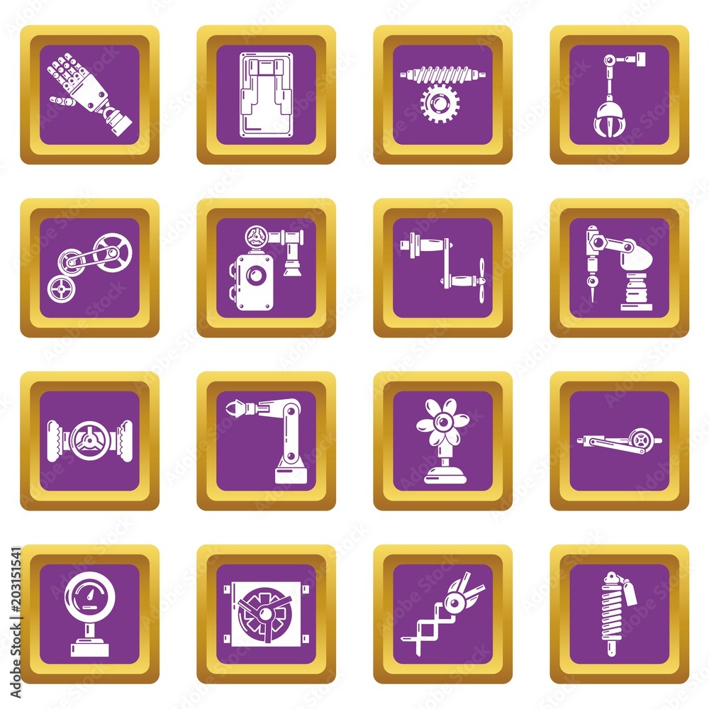 Technical mechanisms icons set vector purple square isolated on white background Technical mechanisms icons set vector purple square isolated on white background