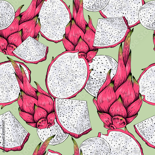 Pitaya, dragon fruit seamless pattern