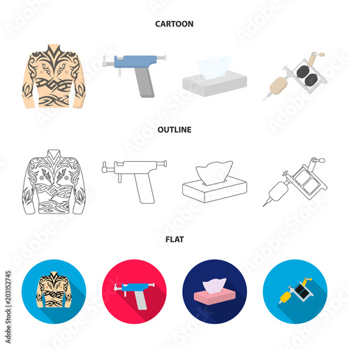 Body tattoo, piercing machine, napkins. Tattoo set collection icons in cartoon,outline,flat style vector symbol stock illustration web.