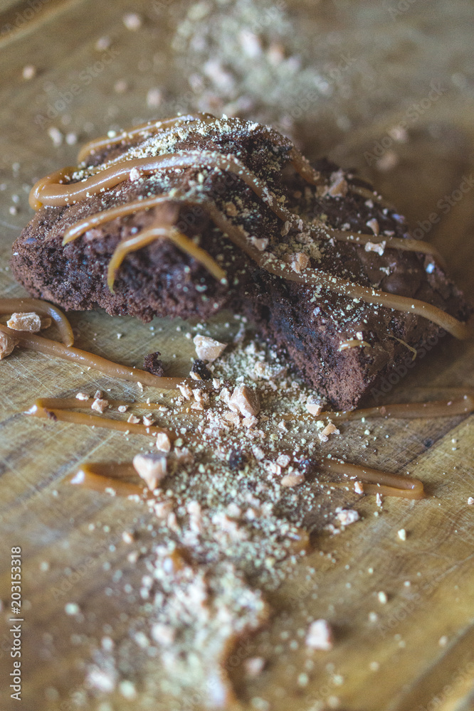 Dark Chocolate Brownie with Caramel and Walnut drizzle