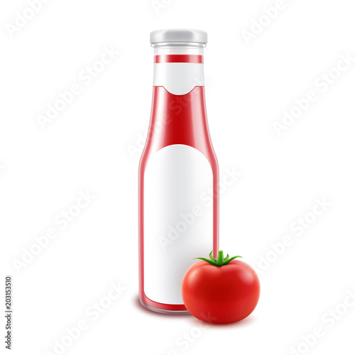 Vector Blank Glass Glossy Red Tomato Ketchup Bottle for Branding with label and Fresh Tomato Isolated on White Background