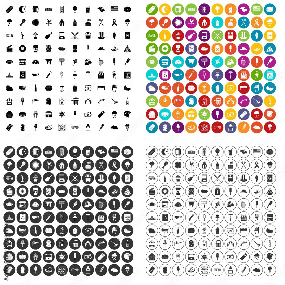 100 street food icons set vector in 4 variant for any web design isolated on white