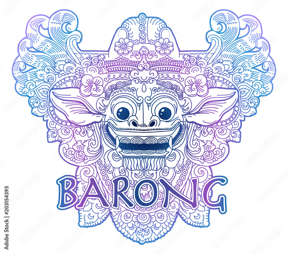 Fototapeta Blue and violet colours doodle style vector balinese lion god Barong mask isolated on white