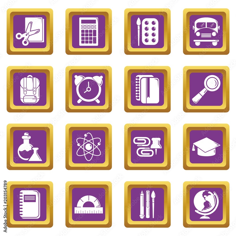 School education icons set vector purple square isolated on white background School education icons set vector purple square isolated on white background
