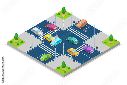 Car accident and crash, vector isometric 3D illustration. Collision at intersection with traffic lights.