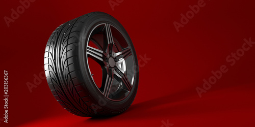 Car wheel isolated on a red background. Tyre. Poster design. 3d illustration