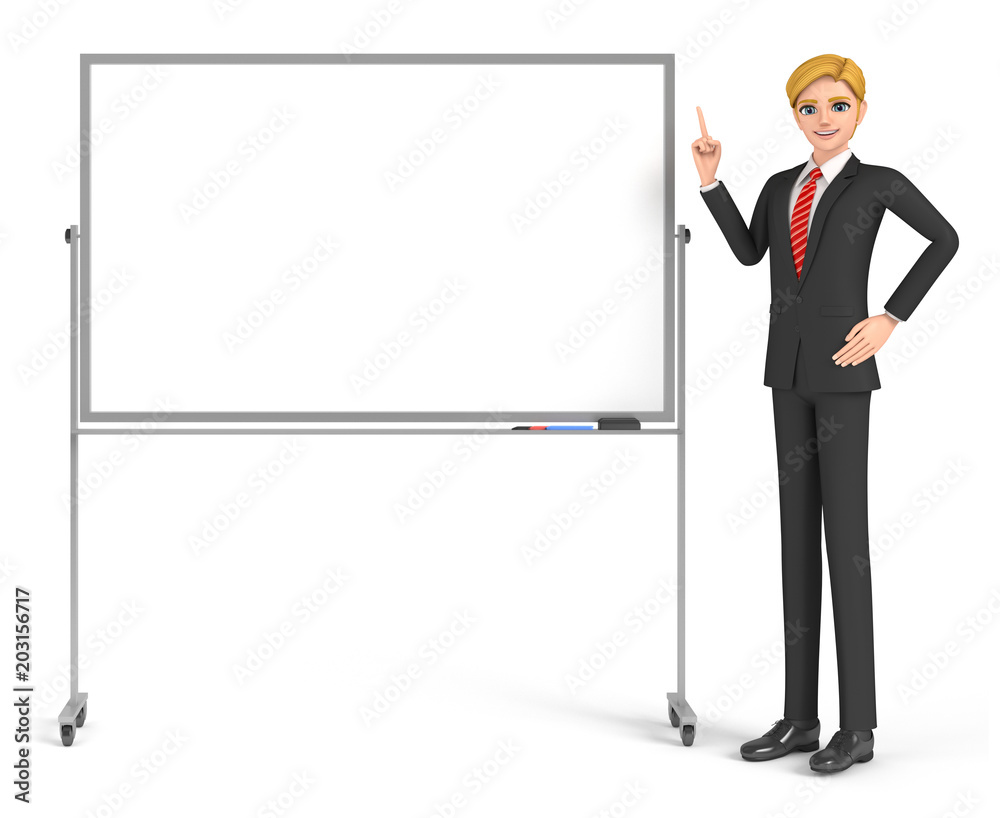 3D illustration character - A business man who illustrates by a white board. 3D illustration character - A business man who illustrates by a white board.