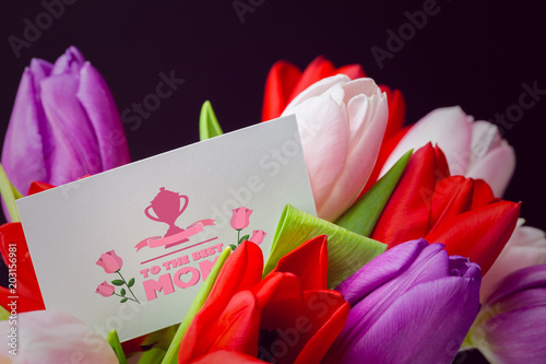 mothers day greeting against tulips with note
