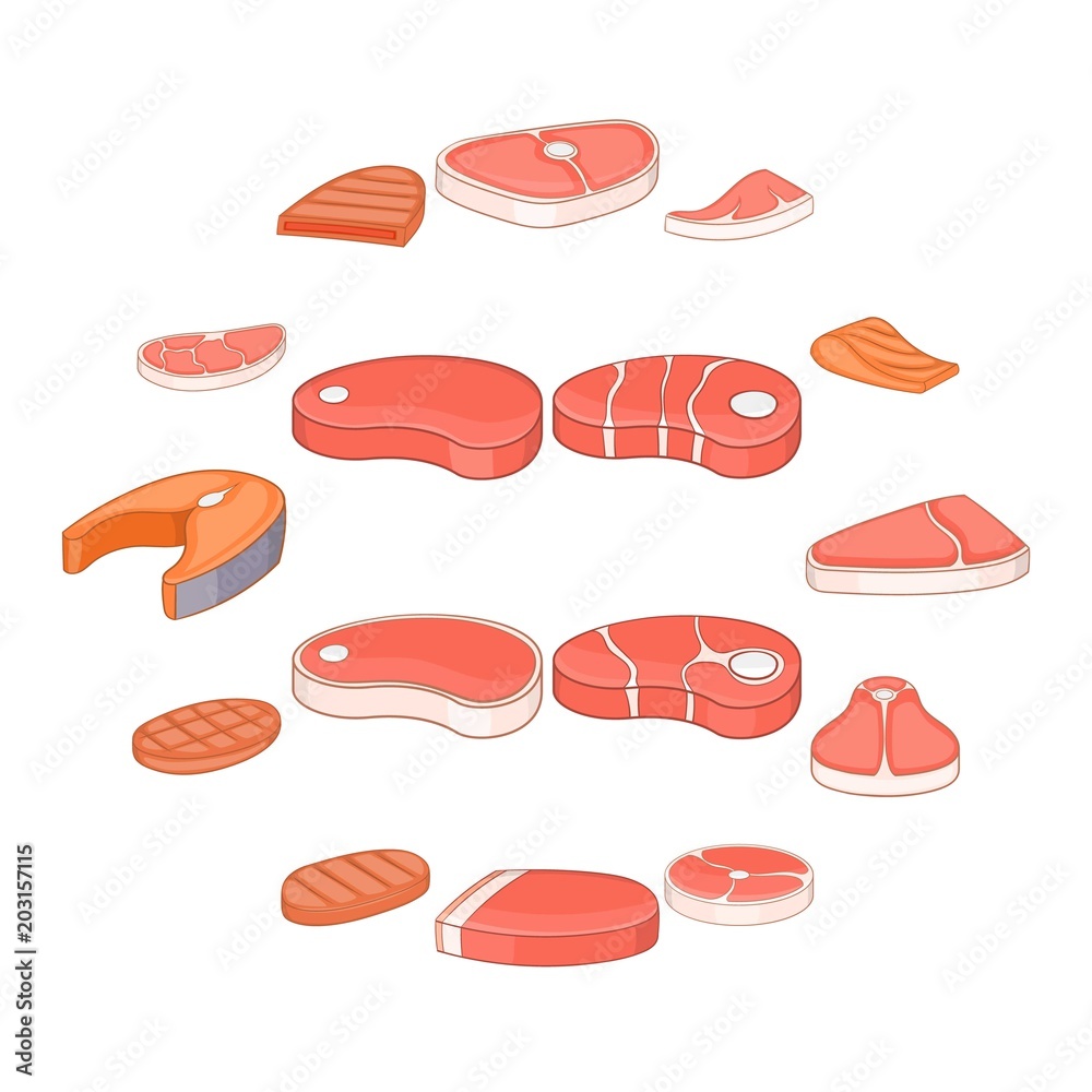 Steak icons set. Cartoon illustration of 16 steaks vector icons for web Steak icons set. Cartoon illustration of 16 steaks vector icons for web