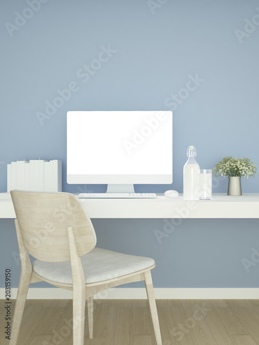 Study room and blue wall decorate for artwork - Study area or workplace of small office in home or apartment - 3D Rendering