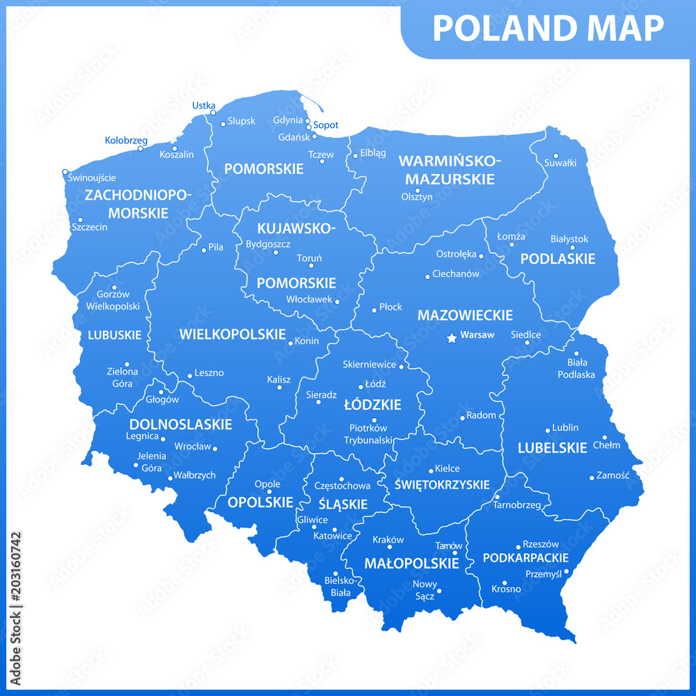 The detailed map of Poland with regions or states and cities, capitals. Administrative division