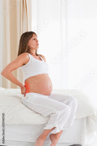 Good looking pregnant female having a back pain while sitting on a bed in her apartment Free Download Good looking pregnant female having a back pain while sitting on a bed in her apartment - GFXLoad