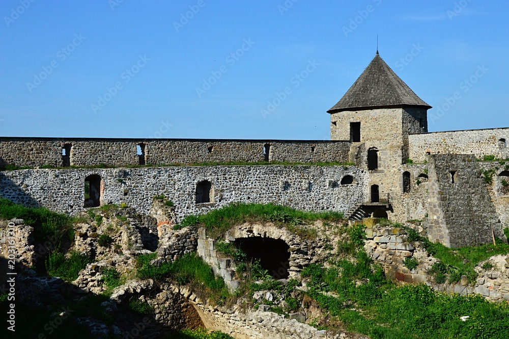 Northeastern tower bastion of castle Bzovik with visible walls and ruins of premonstratesian, monastery inside. Location Slovakia, Central Europe