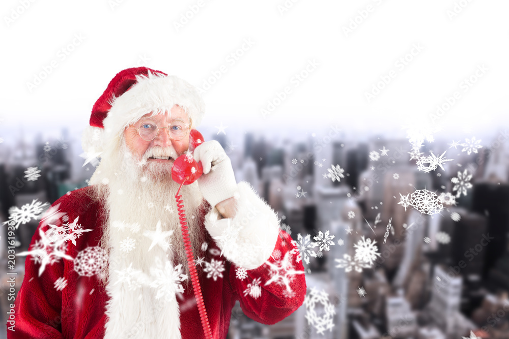 Santa claus on the phone against high angle view of city Santa claus on the phone against high angle view of city