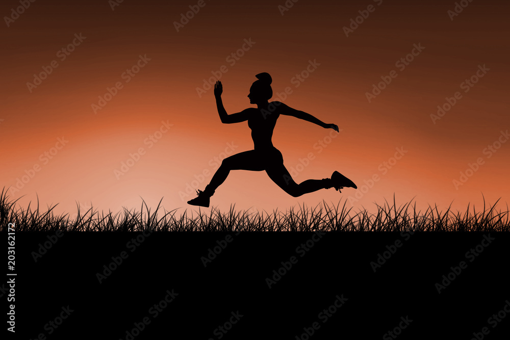 Fit brunette running and jumping against sunrise Fit brunette running and jumping against sunrise