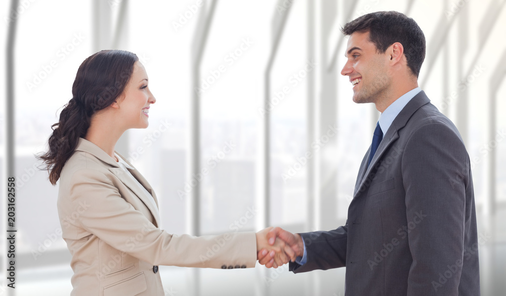 Future partners shaking hands against room with large window looking on city Future partners shaking hands against room with large window looking on city