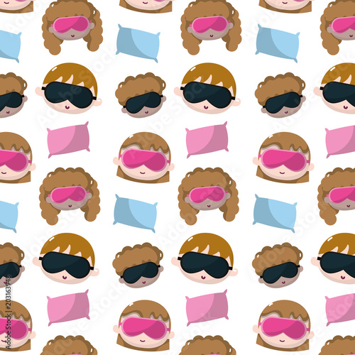 boys and gils head with sleep glasses and pillow background