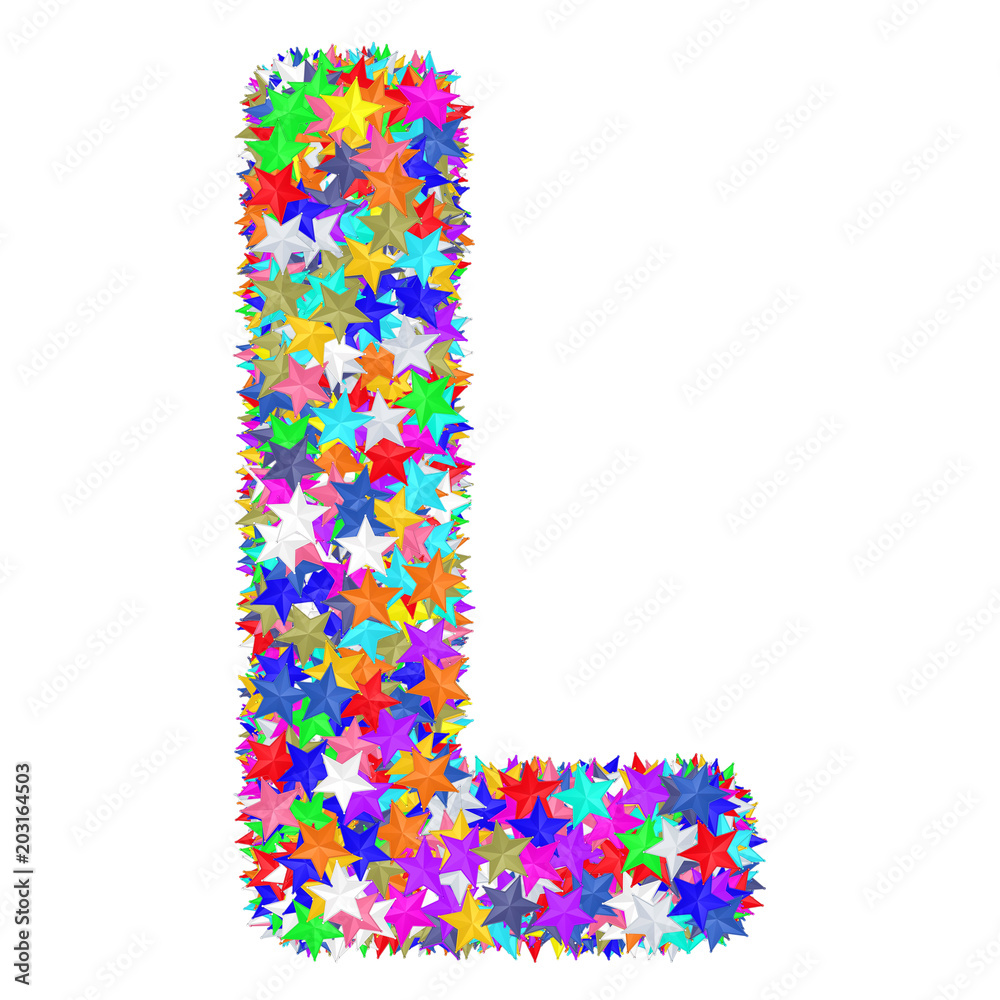 Alphabet symbol letter L composed of colorful stars isolated on white