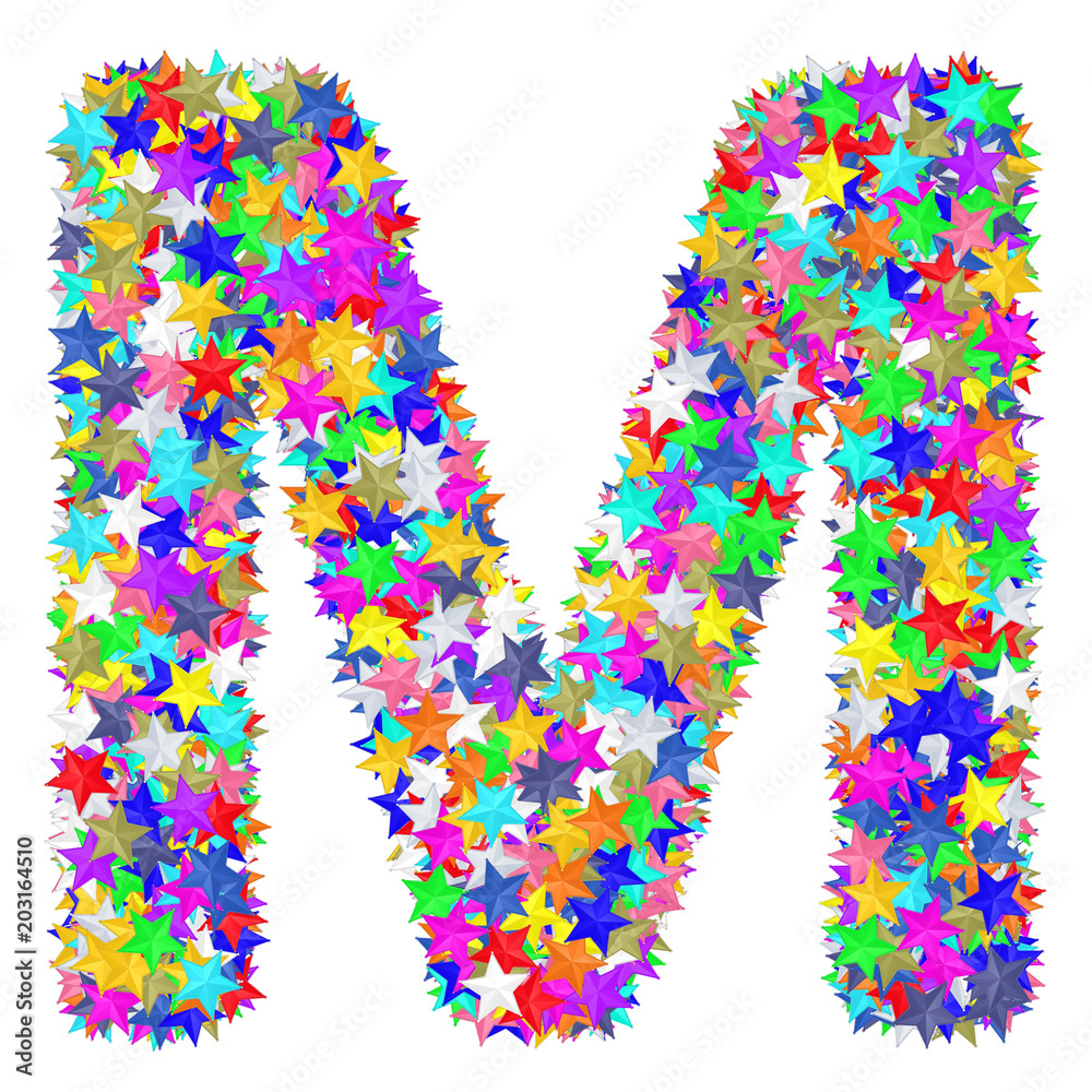 Alphabet symbol letter M composed of colorful stars isolated on white Alphabet symbol letter M composed of colorful stars isolated on white