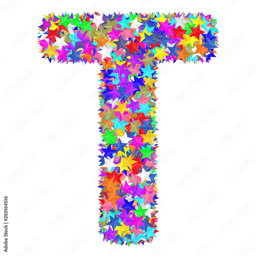 Alphabet symbol letter T composed of colorful stars isolated on