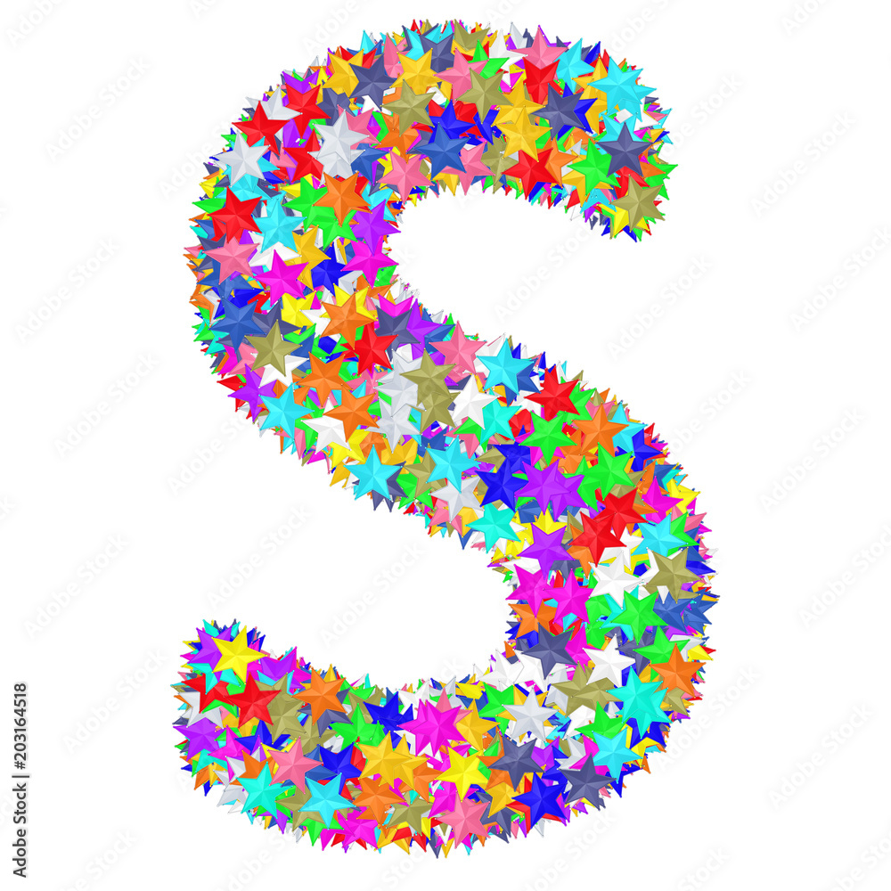 Alphabet symbol letter S composed of colorful stars isolated on white Alphabet symbol letter S composed of colorful stars isolated on white