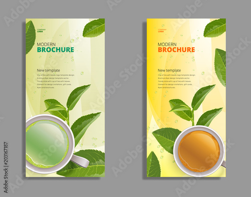 Black tea and green tea cup brochure, banner,  leaves vector.