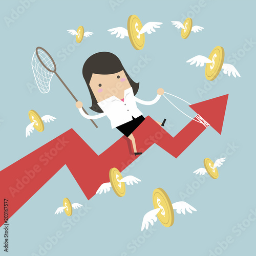 Businesswoman riding success arrow graph catch flying coins.